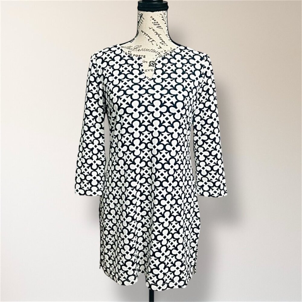 Barbara Gerwit M Black White Geometric Print Tunic‎ Top 3/4 Sleeve Retro Travel